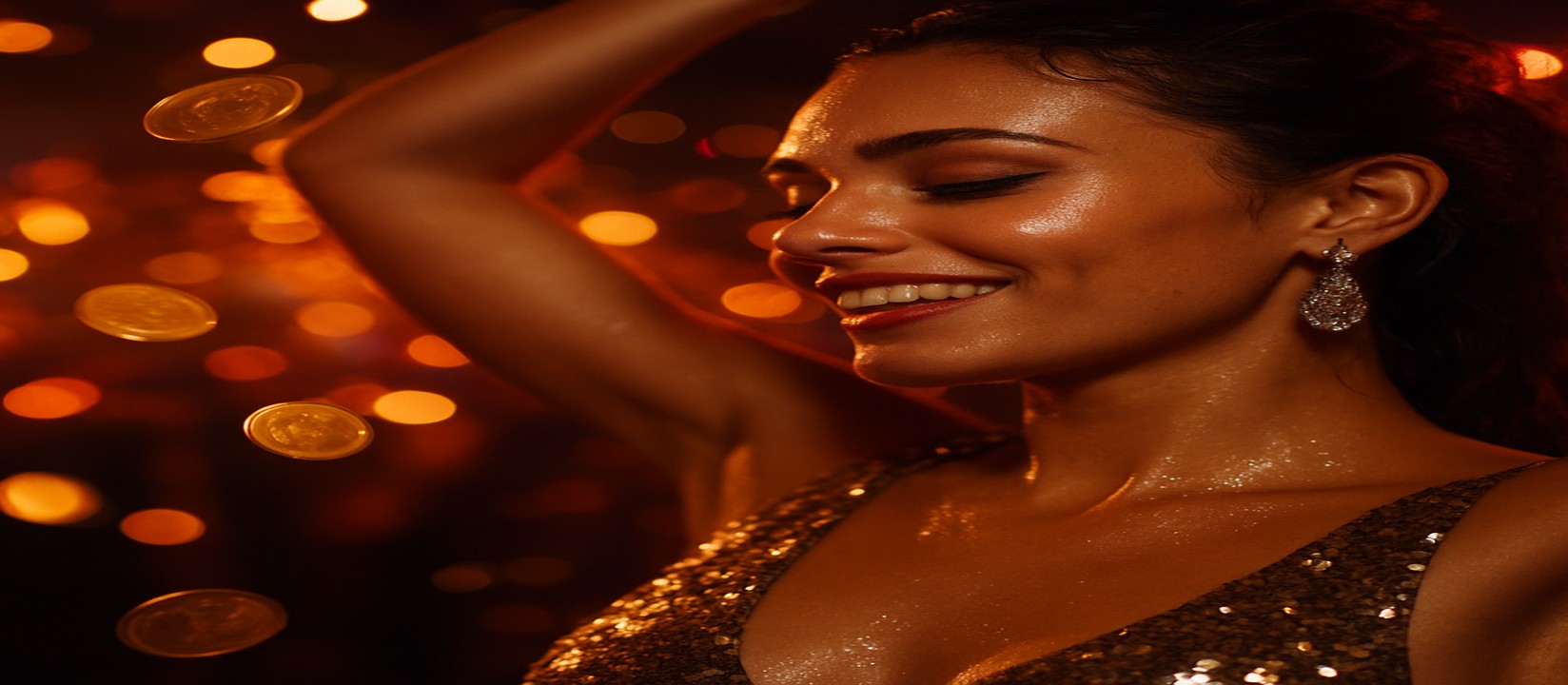 এভিয়েটর গেমে জয়লাভের আনন্দে উচ্ছ্বাসিত এক নারী, চারপাশে উড়ছে স্বর্ণমুদ্রা