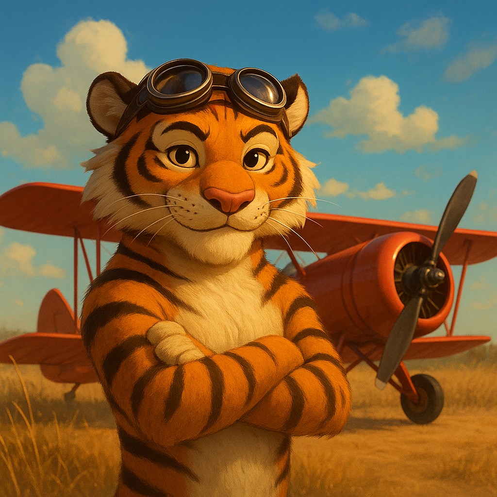 এভিয়েটর গেমটির প্রতীক হিসেবে লাল বিমানের পাশে দাঁড়িয়ে থাকা টাইগার পাইলট