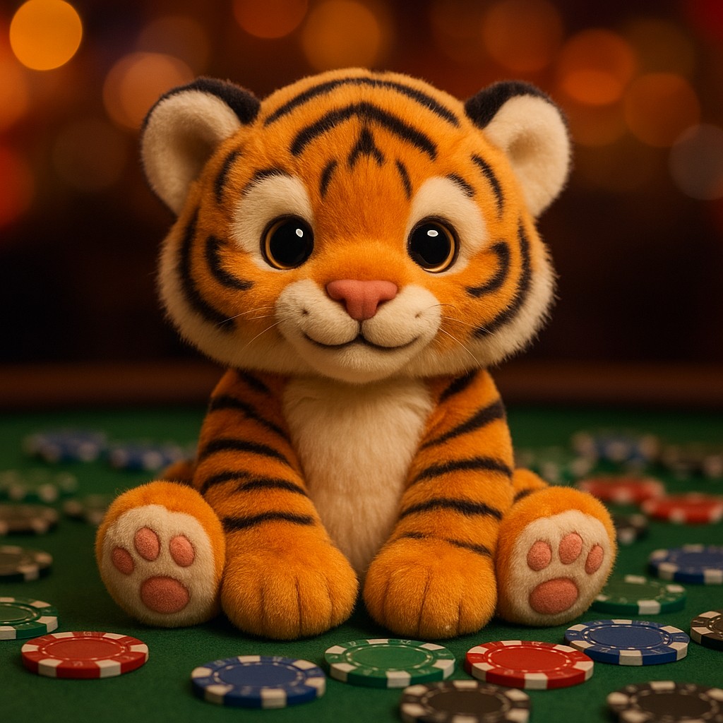 একটি ছোট বাঘের বাচ্ছা একটি টেবিলের ওপর খেলার টোকেনসহ বসে আছে।
